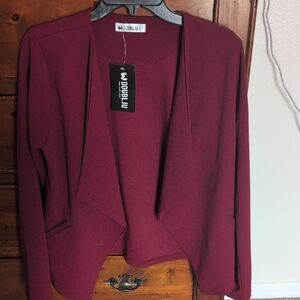 Doublju Open Front Blazer - Burgundy Wine